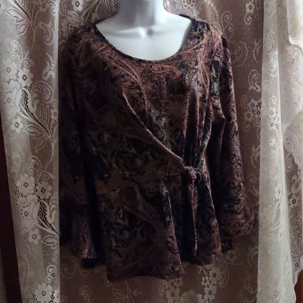 NY Collection Women's‎ PXL Top Metallic Floral Paisley Animal Print  Black Rose